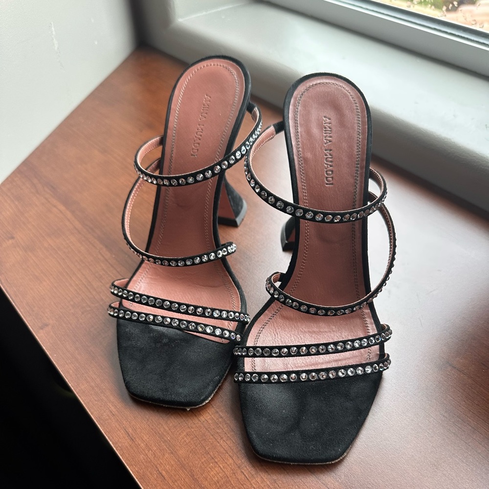 Amina muaddi heels black with silver